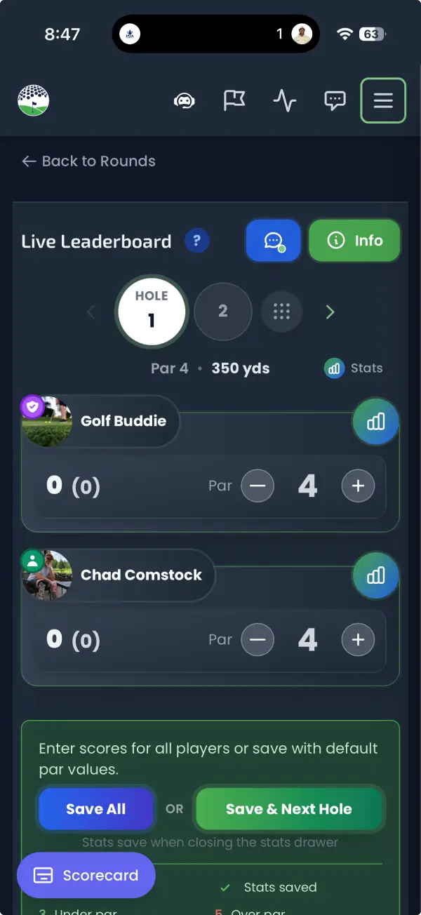 Live scoring during a round on Buddies on the Green