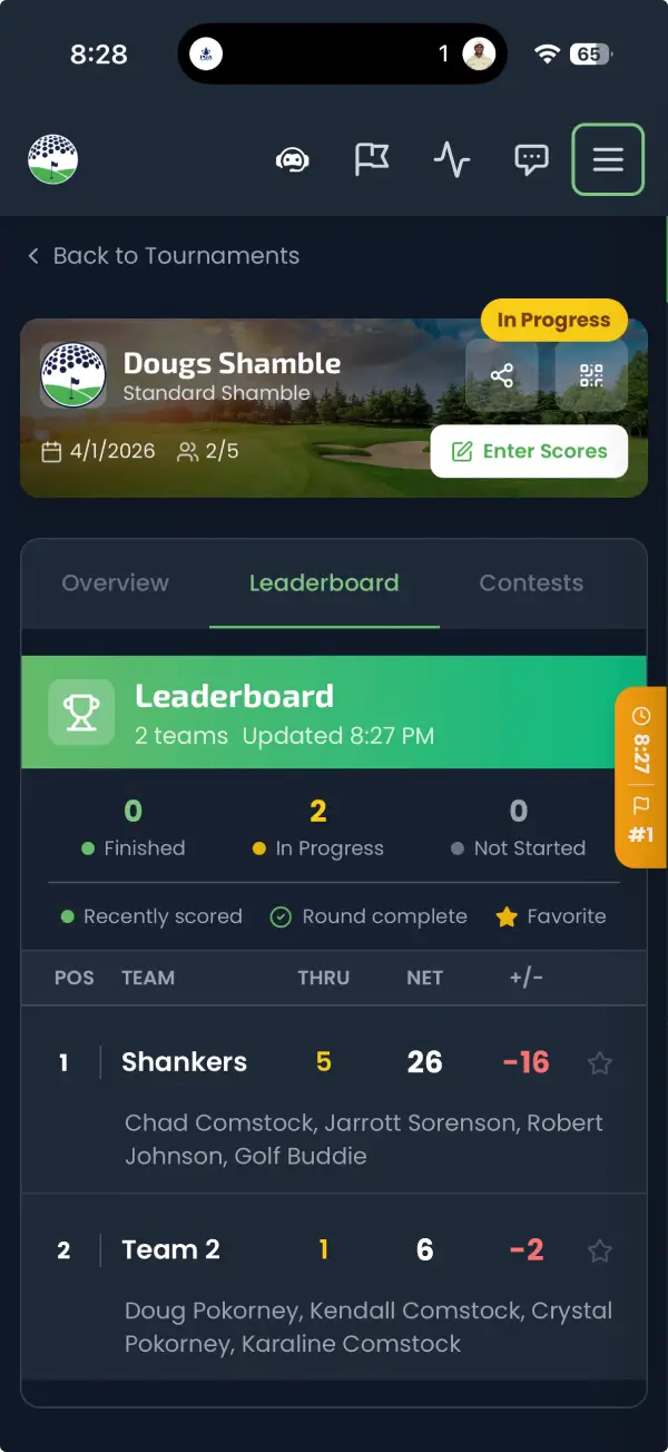 Live tournament leaderboard on Buddies on the Green